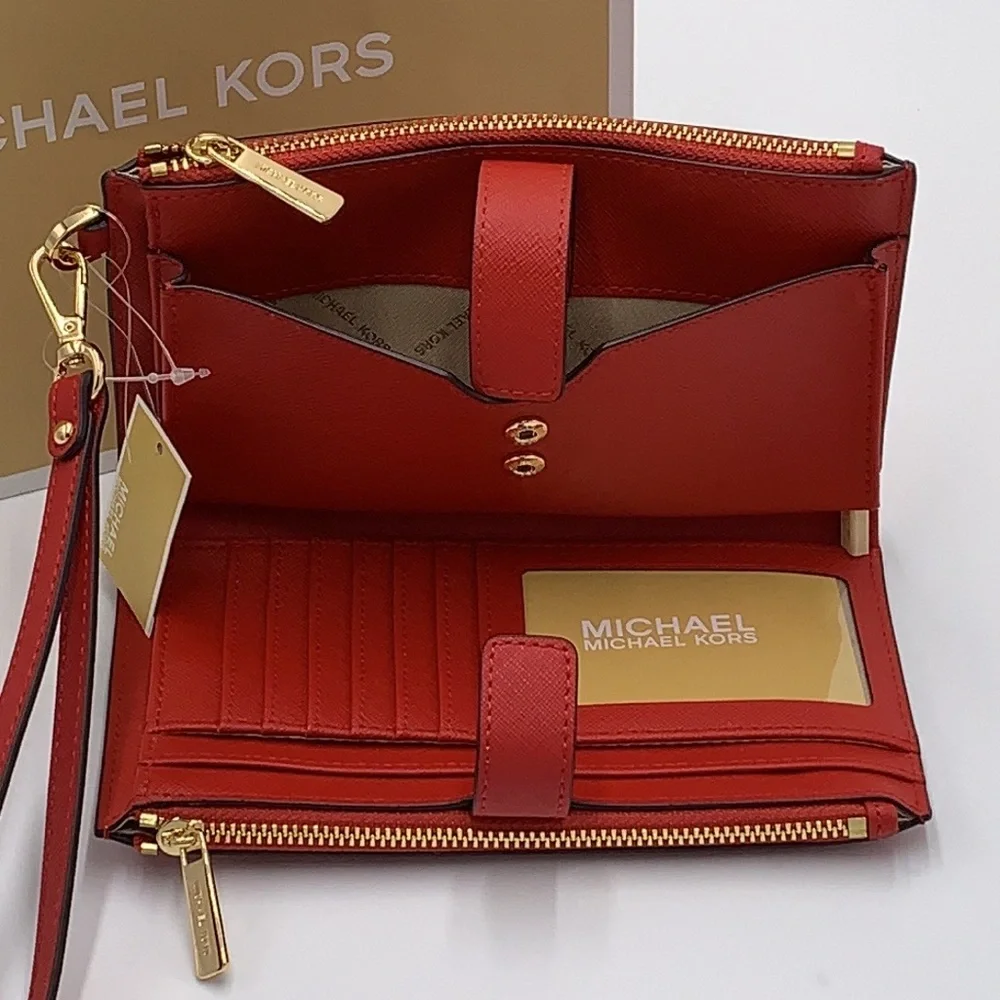 MICHAEL KORS LARGE DOUBLE ZIP WRISTLET WALLET FLAME COLOR